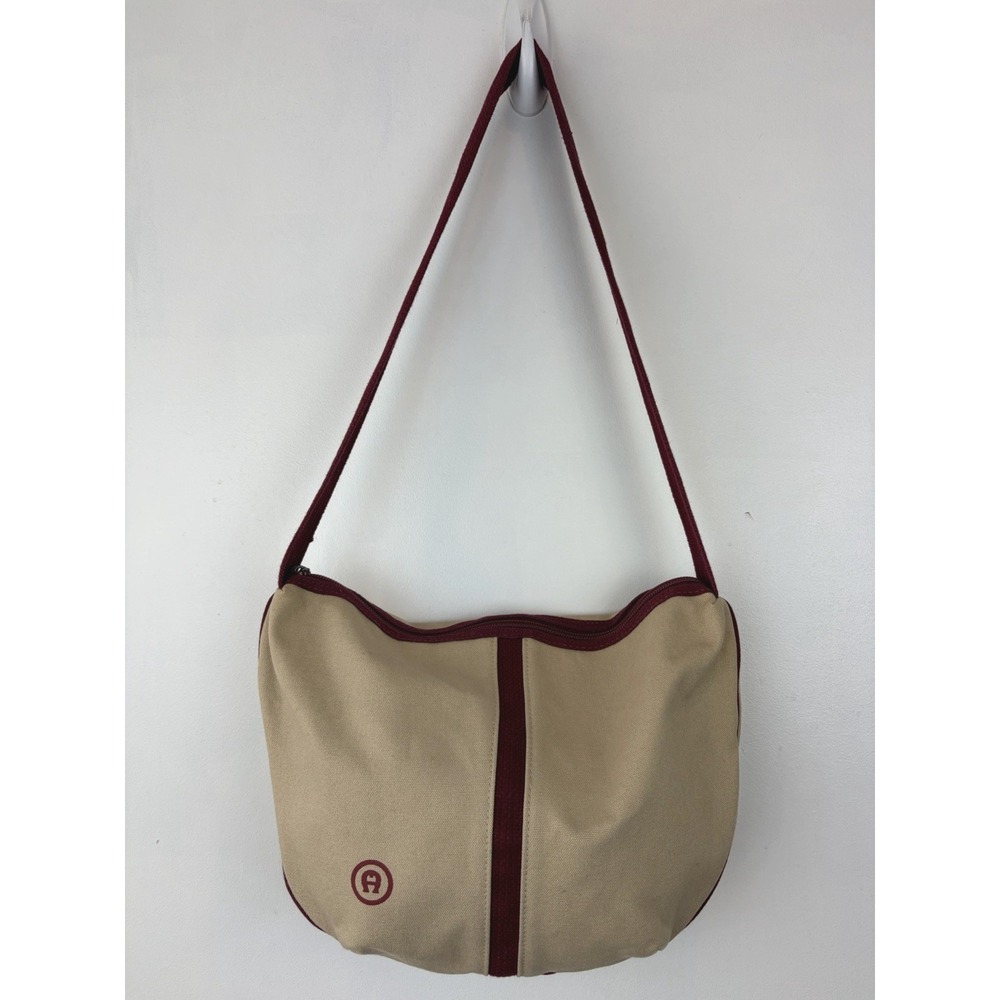 Vintage Etienne Aigner Canvas Handbag Y2K 80s 90s Burgundy Trim Inner Zip Pouch